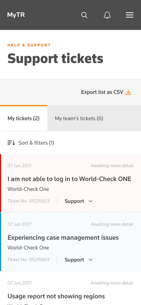 Support tickets - list view - mobile