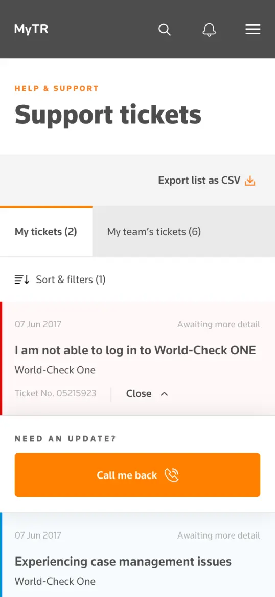 Support tickets - list view, callback - mobile