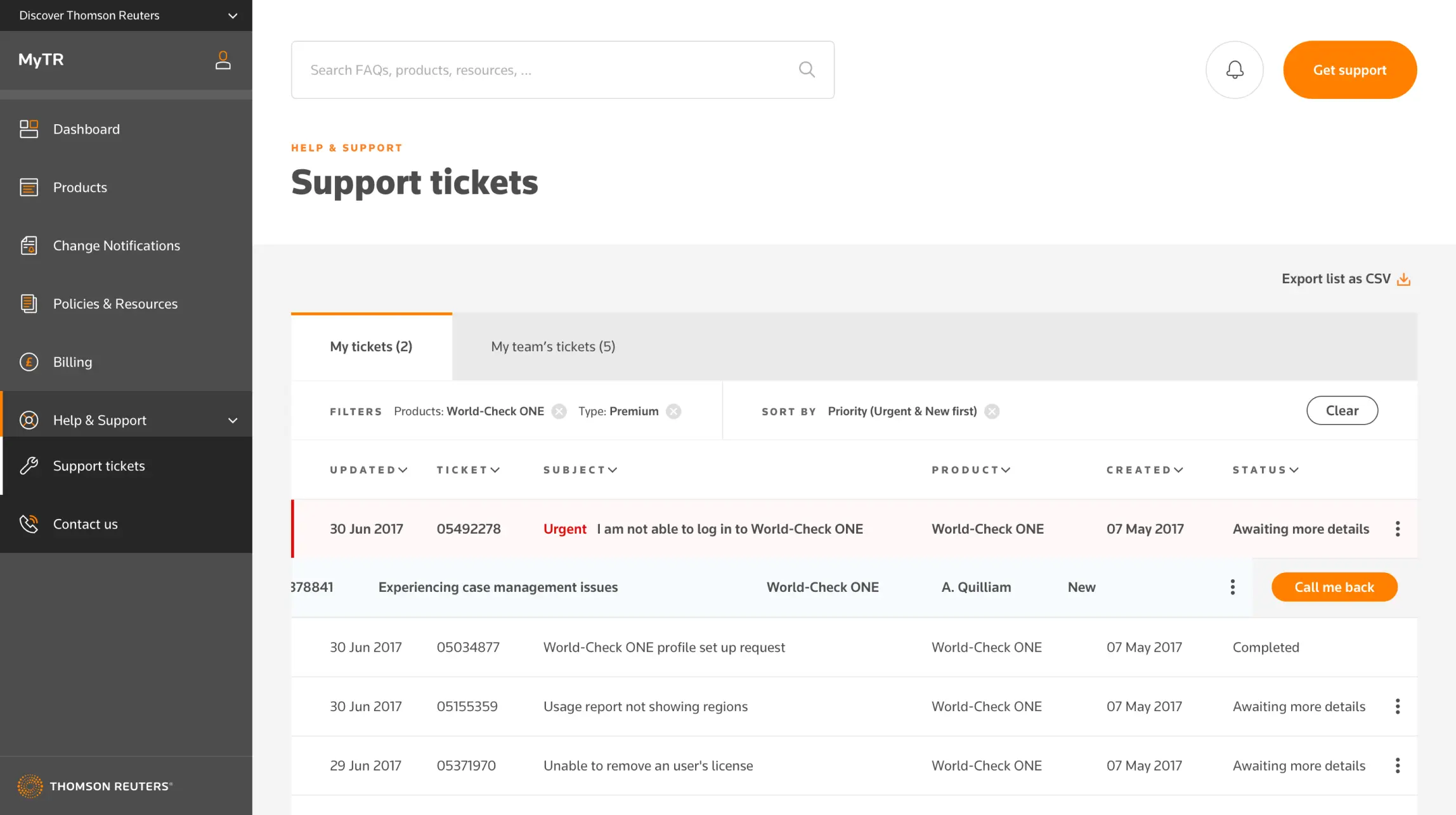 Support tickets - list view - desktop